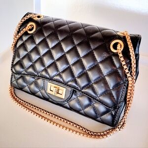 Black and Gold Soft Quilted Handbag Purse with Gold Accents